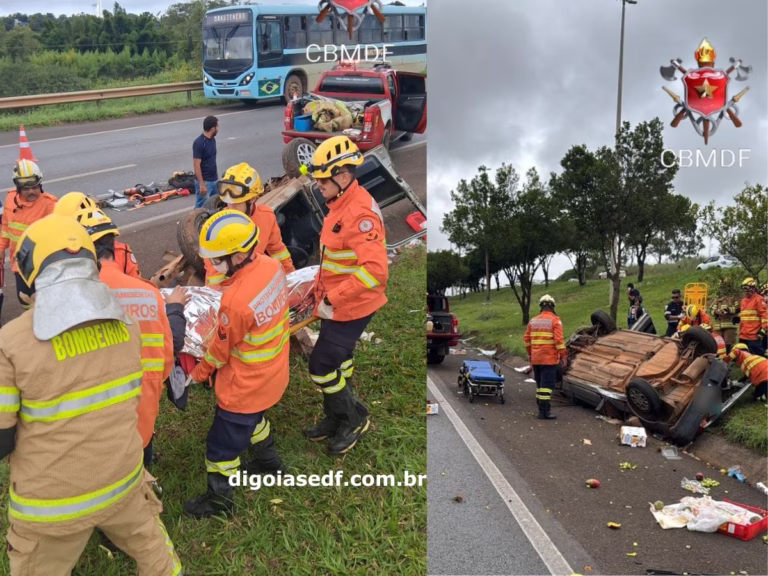 Capotamento na BR-020 deixa mulher ferida após colisão entre veículos no DF