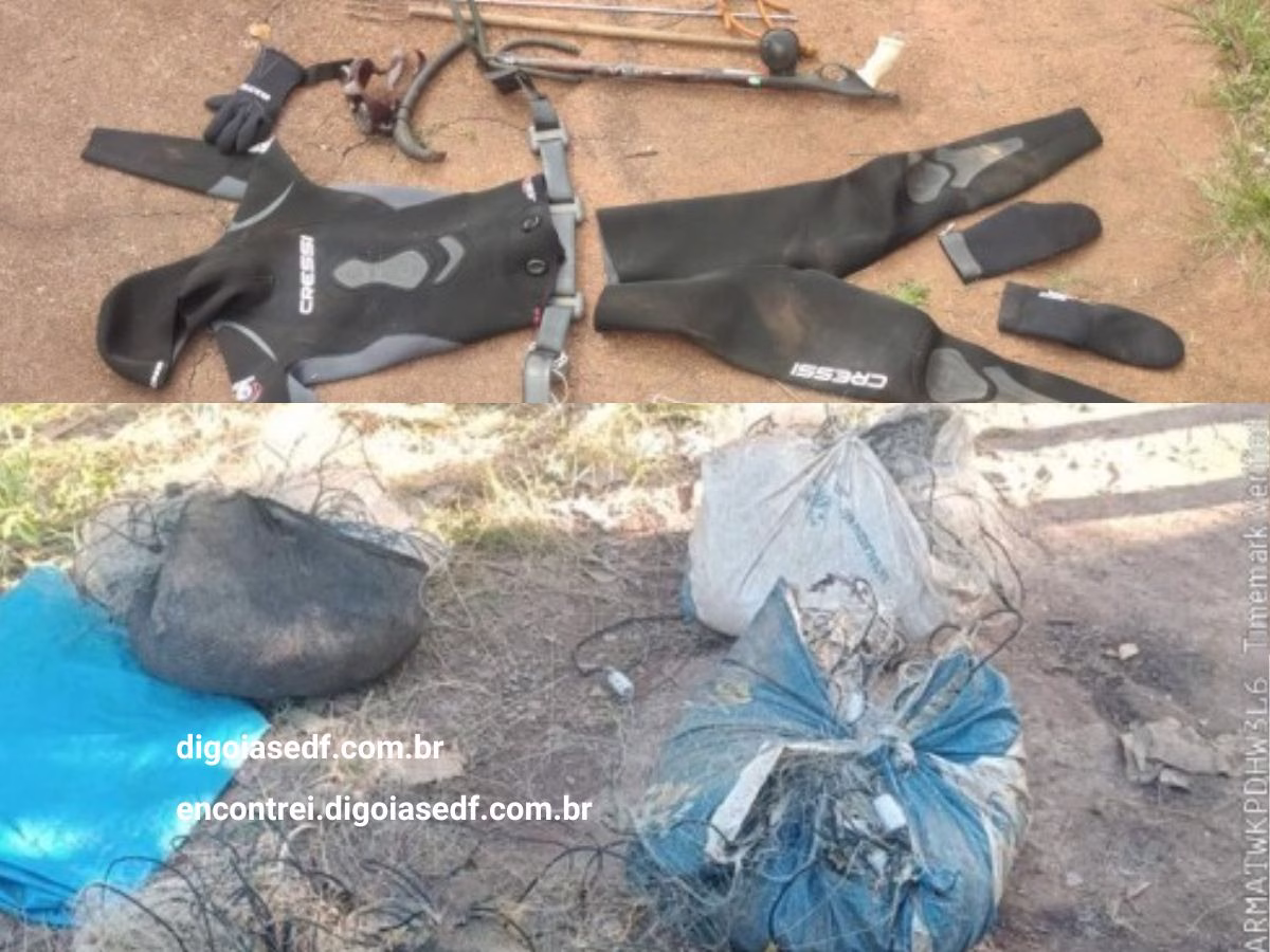 Flores de Goiás: Operação na Barragem do Paranã resulta em prisão, apreensão de redes ilegais e grande quantidade de pescado 3 Material-de-pesca-predatoria-arpão-roupa-de-mergulho