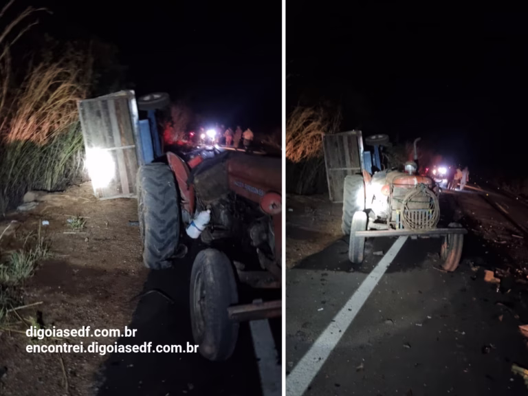 Escuridão no acidente trator e carro em Flores de Goiás, estrada asfaltada.