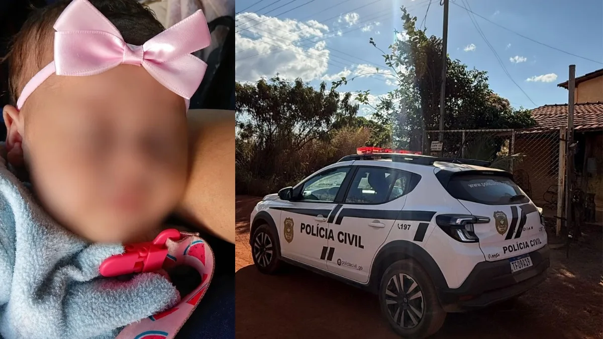 ​Uma imagem de colagem dividida verticalmente. O lado esquerdo é um retrato em close de um bebê com o rosto desfocado para privacidade. O bebê usa um grande laço de cetim rosa na cabeça e um babador de tecido azul-claro com um clipe de prendedor de chupeta rosa. O lado direito é uma foto de ângulo médio, externa e diurna, de uma viatura da Polícia Civil de Goiás estacionada em uma estrada de terra. A viatura, um SUV branco com faixas pretas e as marcações "POLÍCIA CIVIL" e "L197", está posicionada em frente a um portão de cercado de malha e uma vegetação densa ao fundo, sob um céu azul claro com nuvens brancas. O sol está brilhante, criando sombras fortes.