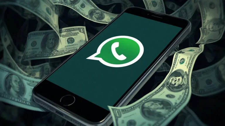 Ilustração de um smartphone exibindo o logotipo do WhatsApp sobre um fundo com notas de dinheiro, representando golpes financeiros, fraudes virtuais e crimes praticados por meio do aplicativo de mensagens, Golpista se passa por cliente.