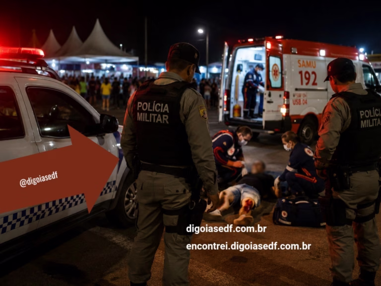 Imagem gerada por IA carro de polícia, do samu e homem caído com perna ferida.