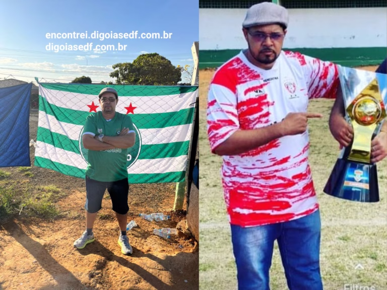Imagem de duas fotos do Luciano Carvalho dos Santos de 47 anos, em frente à bandeira e segurando um troféu.