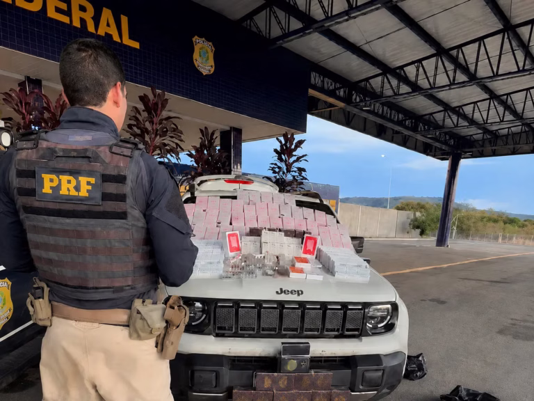 Na imagem tem uma viatura, um policial PRF, e os produtos apreendidos expostos no capô da viatura.