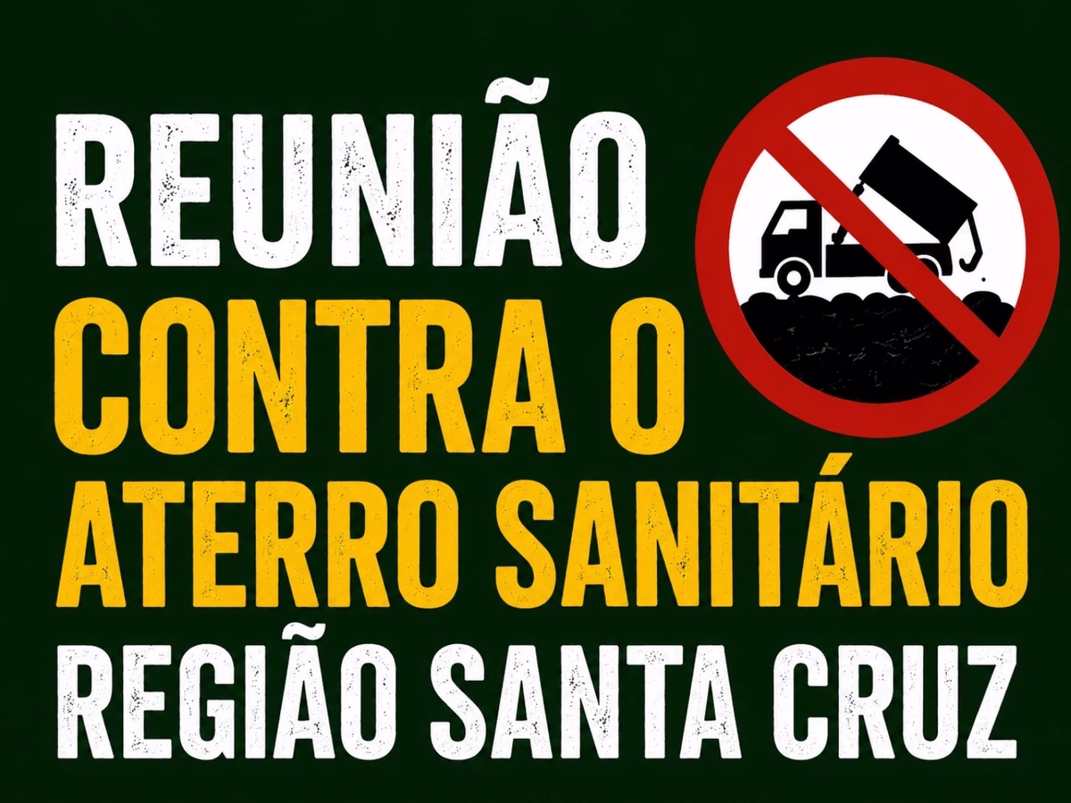 Banner com o título “Reunião Contra o Aterro Sanitário – Região Santa Cruz”, em letras grandes nas cores branca e amarela sobre fundo verde escuro, acompanhado de um símbolo de proibição sobre um caminhão despejando resíduos.