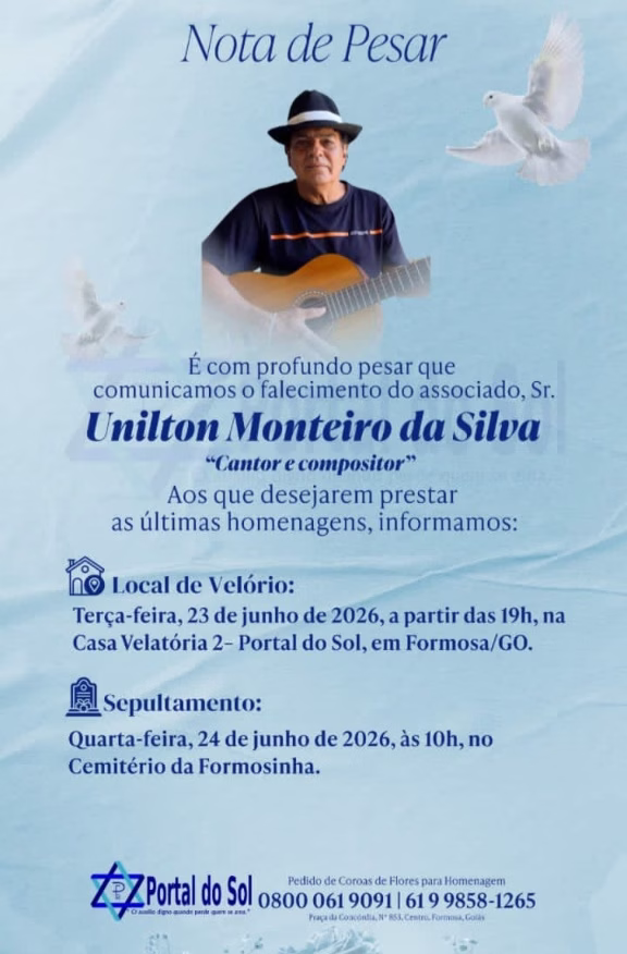 O comunicado informa que o velório será realizado em 23 de junho de 2026, na Casa Velatória 2 – Portal do Sol, e o sepultamento ocorrerá em 24 de junho de 2026, no Cemitério da Formosinha, em Formosa-GO.