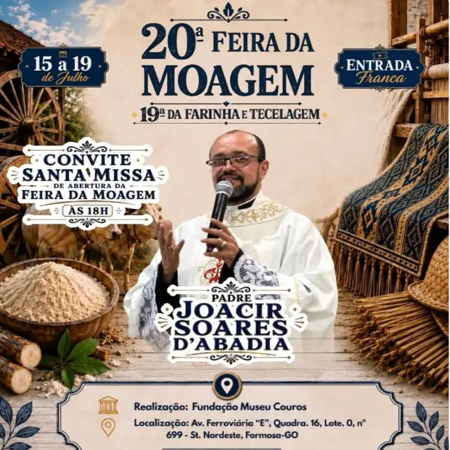 Panfleto convite festa da moagem com imagem do padre Joacir e convite pra missa na abertura da festa da Moagem 2026.