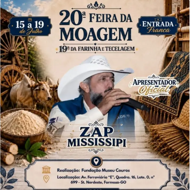 Cartaz da festa da Moagem em Formosa com destaque para o locutor Zap Mississipi, segurando o microfone.
