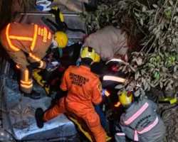 Carro cai em rio após saída de pista na GO-458, na zona rural de Formosa, bombeiros realizando o resgate, a noite.
