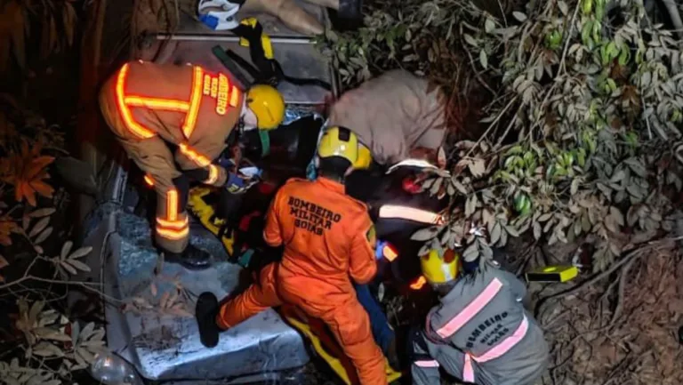 Carro cai em rio após saída de pista na GO-458, na zona rural de Formosa, bombeiros realizando o resgate, a noite.
