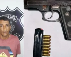 César Rodrigues Magalhães, morto em confronto com a CPE em Santa Rosa, e arma apreendida na cena do confronto.