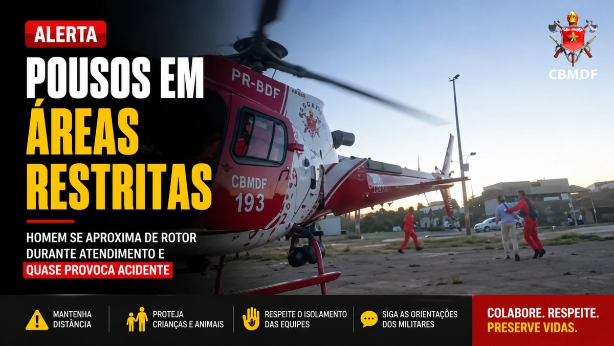 Helicóptero do CBMDF em operação de resgate com rotores em funcionamento enquanto bombeiro impede a aproximação de um homem durante atendimento de emergência, destacando o alerta sobre os riscos de se aproximar da aeronave.