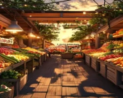 Imagem promocional estilo Google Discover com bancadas de madeira repletas de produtos frescos e iluminação festiva, exibindo o título "Feira de Produtores da Agricultura Familiar