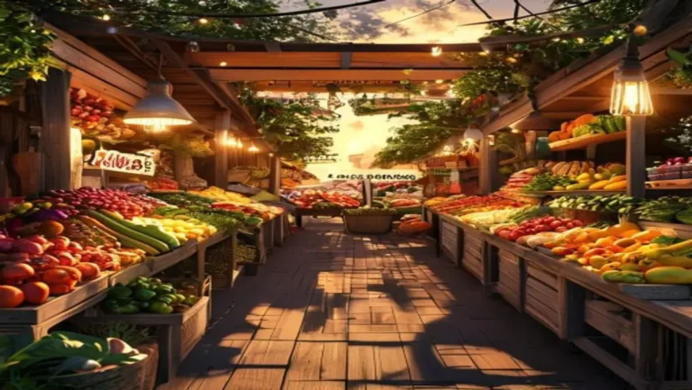 Imagem promocional estilo Google Discover com bancadas de madeira repletas de produtos frescos e iluminação festiva, exibindo o título "Feira de Produtores da Agricultura Familiar