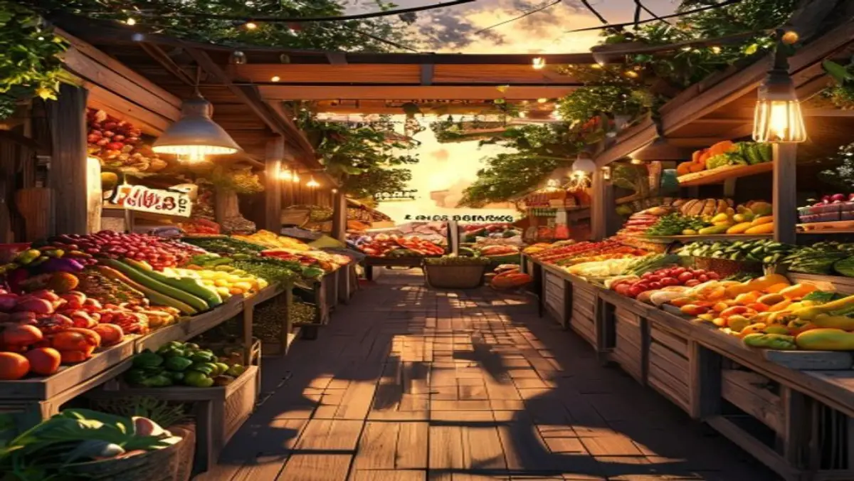 Imagem promocional estilo Google Discover com bancadas de madeira repletas de produtos frescos e iluminação festiva, exibindo o título "Feira de Produtores da Agricultura Familiar