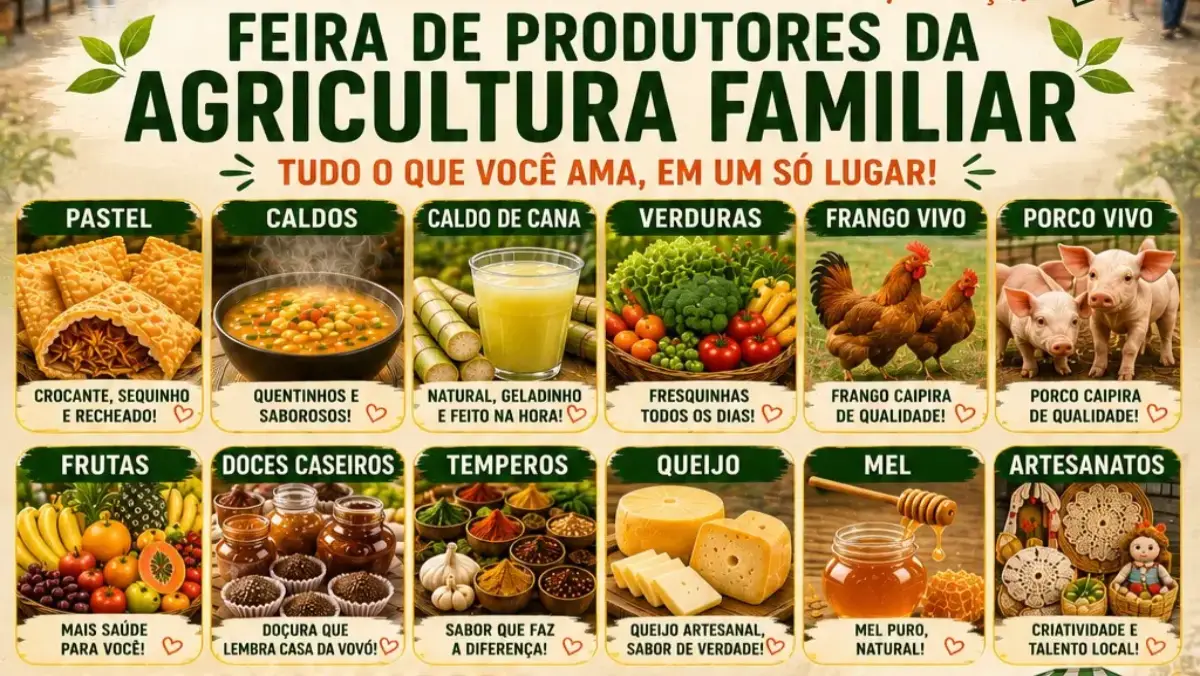 Feira de Produtores da Agricultura Familiar, imagem mostra vários produtos de feira livre, na zona rural de Formosa com inauguração dia 1⁰ de agosto.