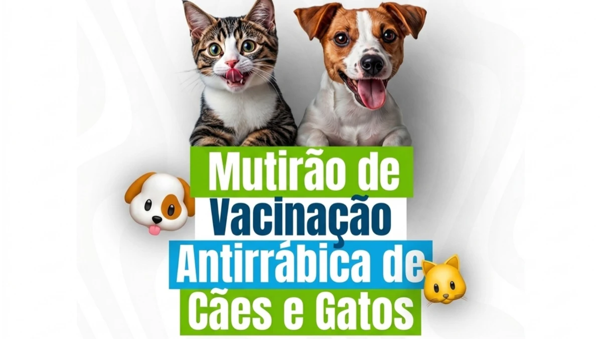 Arte de divulgação do mutirão de vacinação antirrábica para cães e gatos, com a imagem de um gato e um cachorro no topo e o texto 'Mutirão de Vacinação Antirrábica de Cães e Gatos' em destaque sobre fundo branco.