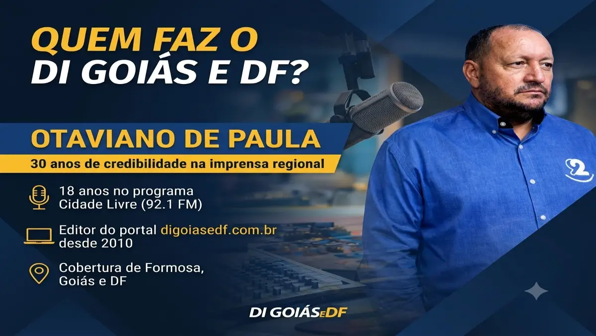 Banner promocional para o portal "Di Goiás e DF" em tons de azul-marinho e amarelo. À direita, foto de busto do jornalista Otaviano de Paula, um homem maduro com camisa social azul. À esquerda, em destaque, o texto "QUEM FAZ O DI GOIÁS E DF?" seguido do nome "OTAVIANO DE PAULA" e do subtítulo "30 anos de credibilidade na imprensa regional". Logo abaixo, três tópicos com ícones amarelos indicam: 18 anos no programa Cidade Livre (92.1 FM), Editor do portal digoiasedf.com.br desde 2010 e Cobertura de Formosa, Goiás e DF. Ao fundo, uma mesa de estúdio de rádio desfocada.