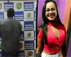 Uma colagem horizontal com duas fotos lado a lado. À esquerda, um homem de costas, vestindo uma camisa social listrada de manga longa em tons escuros e calça jeans, posa em frente a um painel institucional repetindo o logotipo e as palavras "POLÍCIA MILITAR". À direita, uma mulher jovem de cabelos longos e escuros, usando óculos de grau e um cropped vermelho com decote frontal, sorri para a câmera em um ambiente com fundo roxo.