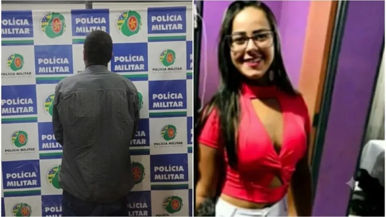 Uma colagem horizontal com duas fotos lado a lado. À esquerda, um homem de costas, vestindo uma camisa social listrada de manga longa em tons escuros e calça jeans, posa em frente a um painel institucional repetindo o logotipo e as palavras "POLÍCIA MILITAR". À direita, uma mulher jovem de cabelos longos e escuros, usando óculos de grau e um cropped vermelho com decote frontal, sorri para a câmera em um ambiente com fundo roxo.