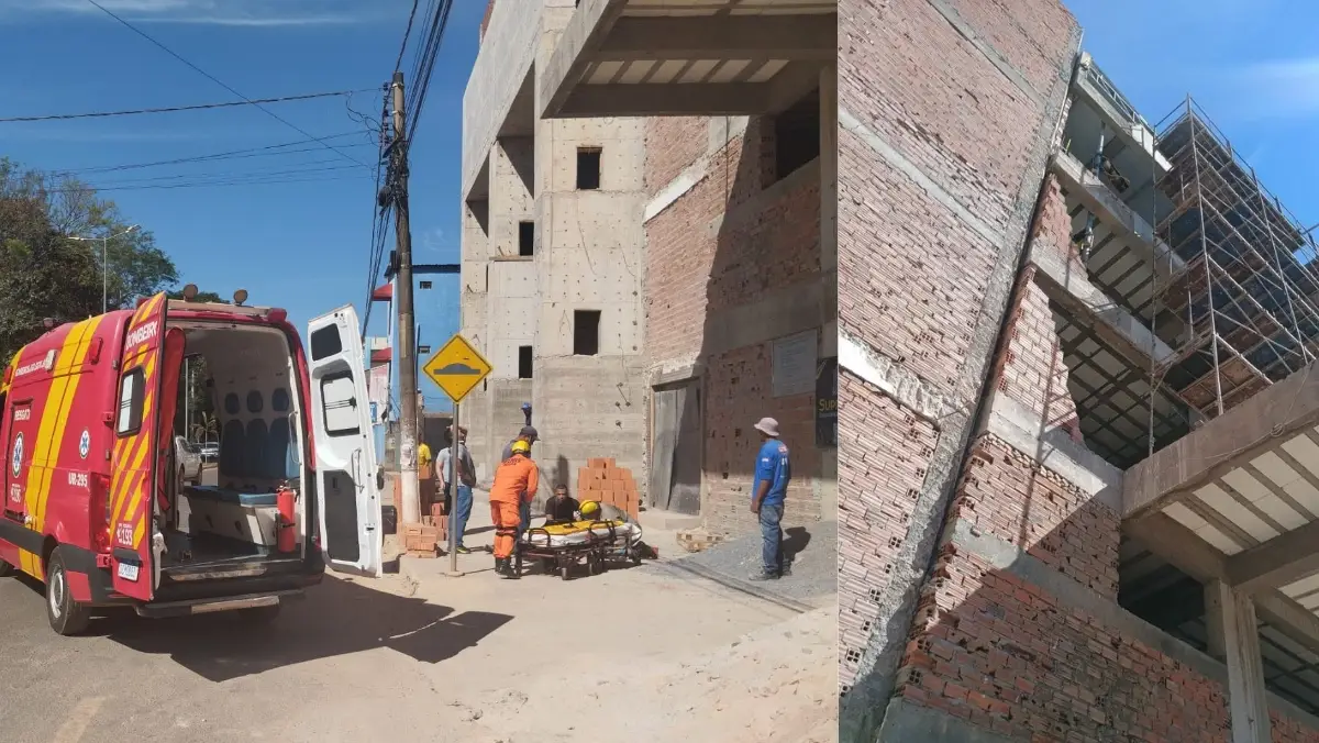 Jovem cai de 13 metros de altura.
Viatura dos bombeiros prestando atendimento em frente a igreja, onde a reforma da obra está ocorrendo.