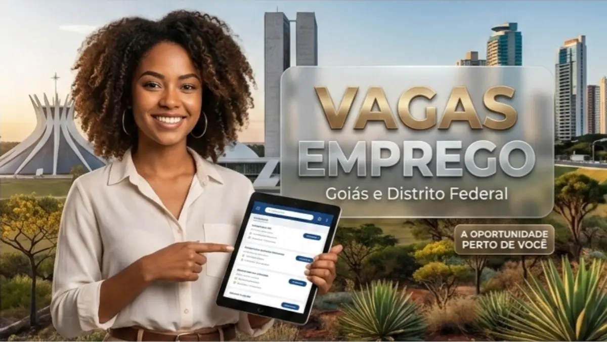 Mulher negra sorridente segurando um tablet com vagas de emprego, tendo ao fundo monumentos de Brasília, como a Catedral e o Congresso Nacional, e edifícios modernos. À direita, um painel translúcido com o texto "Vagas Emprego - Goiás e Distrito Federal.