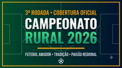 2ª Rodada do Campeonato Rural 2026 2 Imagem mostra a chamada da 3ª rodada da cobertura oficial do campeonato Rural 2026. Futebol amador, Tradição, paixão regional.