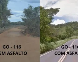 Carta aberta dos produtores da GO-116 Em Formosa. Na imagem você vê a GO 116 de um lado com asfalto e o outro lado a GO sem asfalto