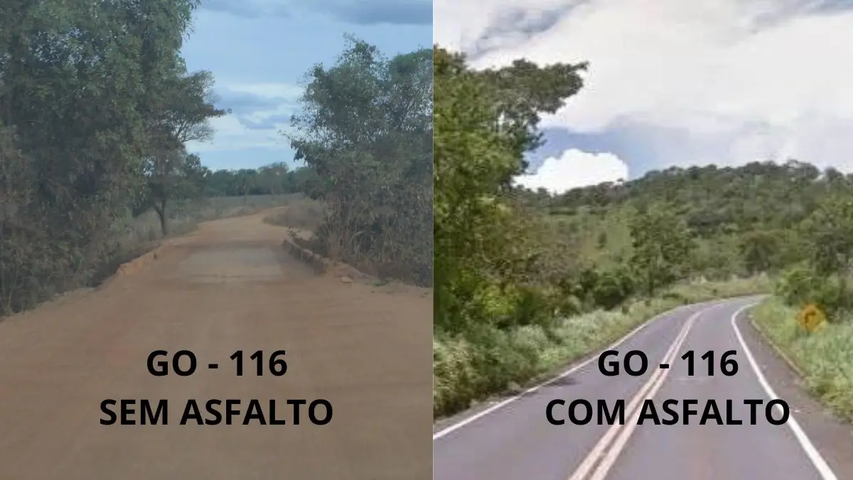 Carta aberta dos produtores da GO-116 Em Formosa. Na imagem você vê a GO 116 de um lado com asfalto e o outro lado a GO sem asfalto
