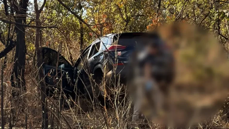 Professora tem carro roubado e recuperado em meio à vegetação de matagal.