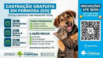 Prefeitura de Formosa abre inscrições para mutirão de castração gratuita