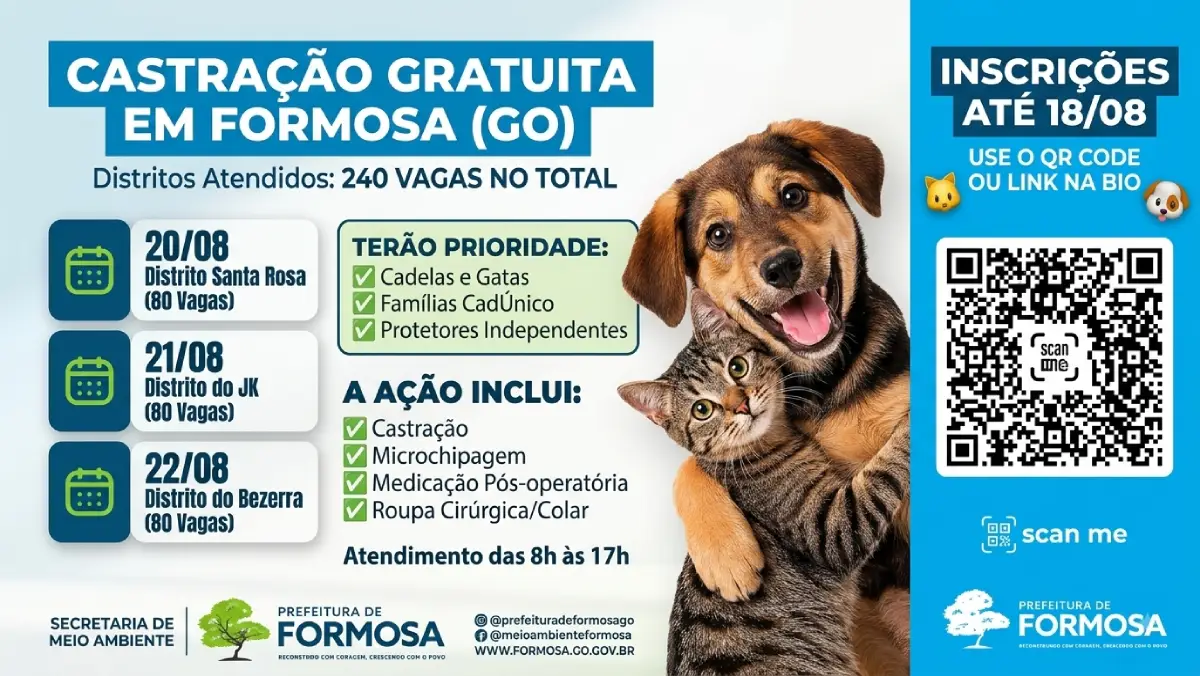 Prefeitura de Formosa abre inscrições para mutirão de castração gratuita