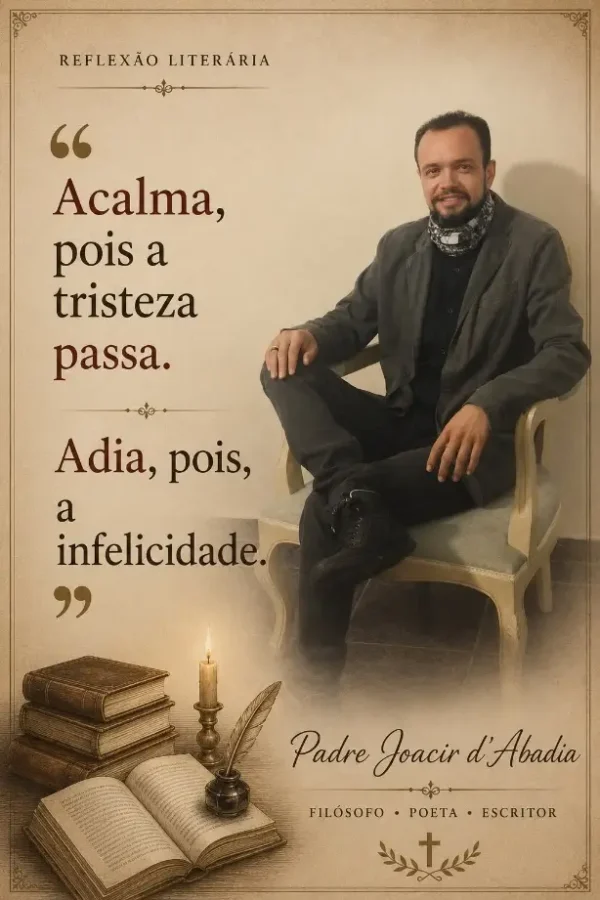 Arte com reflexão literária do Padre Joacir d’Abadia, filósofo, poeta e escritor, sentado em uma cadeira com a citação "Acalma, pois a tristeza passa. Adia, pois, a infelicidade", ao lado de ilustração de livros antigos, vela acesa e tinteiro.
