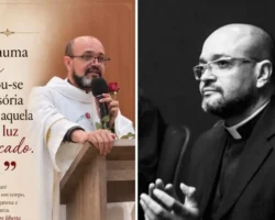 Imagem dividida ao meio mostrando o Padre Joacir d’Abadia vestindo túnica branca ao falar em um ambo com microfone e uma rosa, acompanhado da frase sobre ilusão e pecado; ao lado, foto em preto e branco do sacerdote vestindo traje clerical preto.