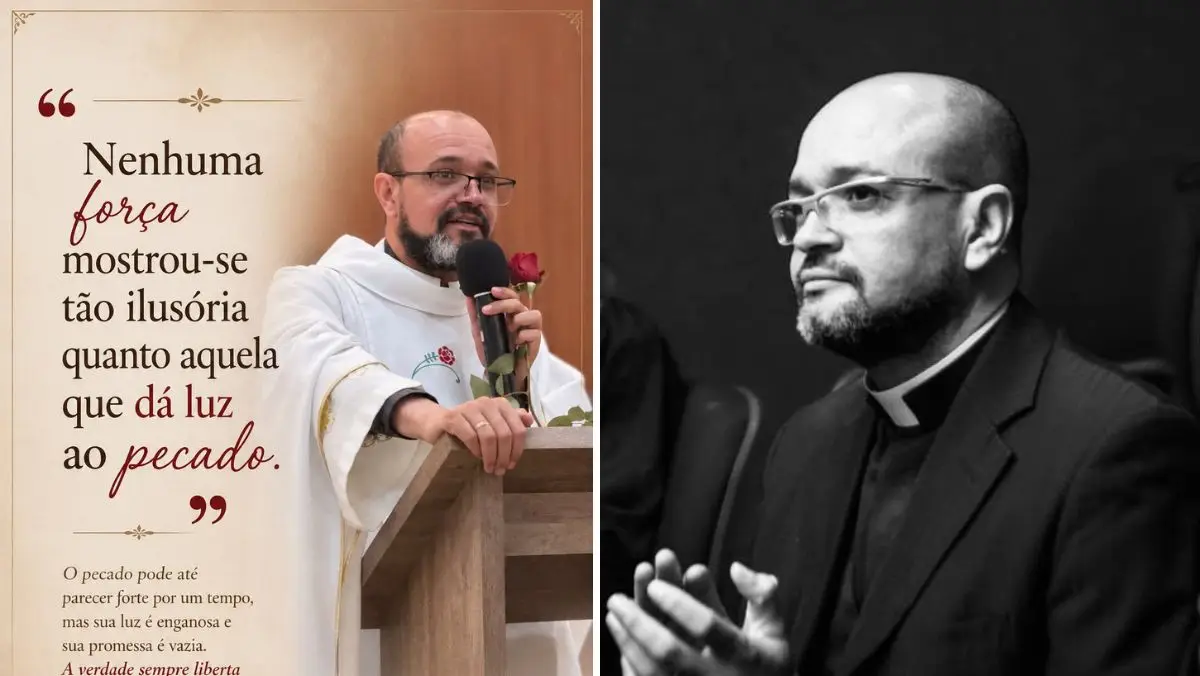 Imagem dividida ao meio mostrando o Padre Joacir d’Abadia vestindo túnica branca ao falar em um ambo com microfone e uma rosa, acompanhado da frase sobre ilusão e pecado; ao lado, foto em preto e branco do sacerdote vestindo traje clerical preto.