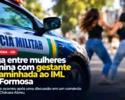 Viatura da Polícia Militar e duas mulheres em confronto durante ocorrência de briga em Formosa, Goiás.