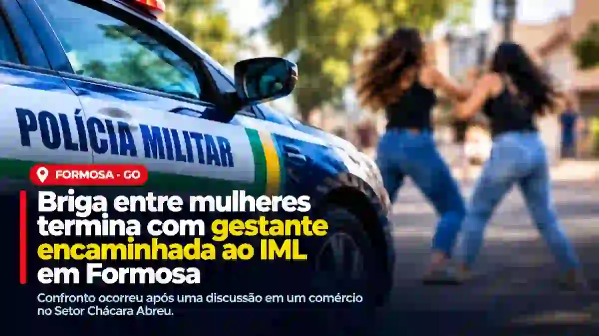 Viatura da Polícia Militar e duas mulheres em confronto durante ocorrência de briga em Formosa, Goiás.