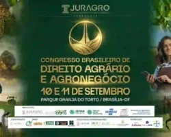 Banner oficial do Congresso Brasileiro de Direito Agrário e Agronegócio. Fundo verde com o logo dourado da JURAGRO, a data 10 e 11 de setembro e o local Parque Granja do Torto em Brasília-DF. Ao redor, colagens de soja, milho, gado, cavalo e profissionais do agro.