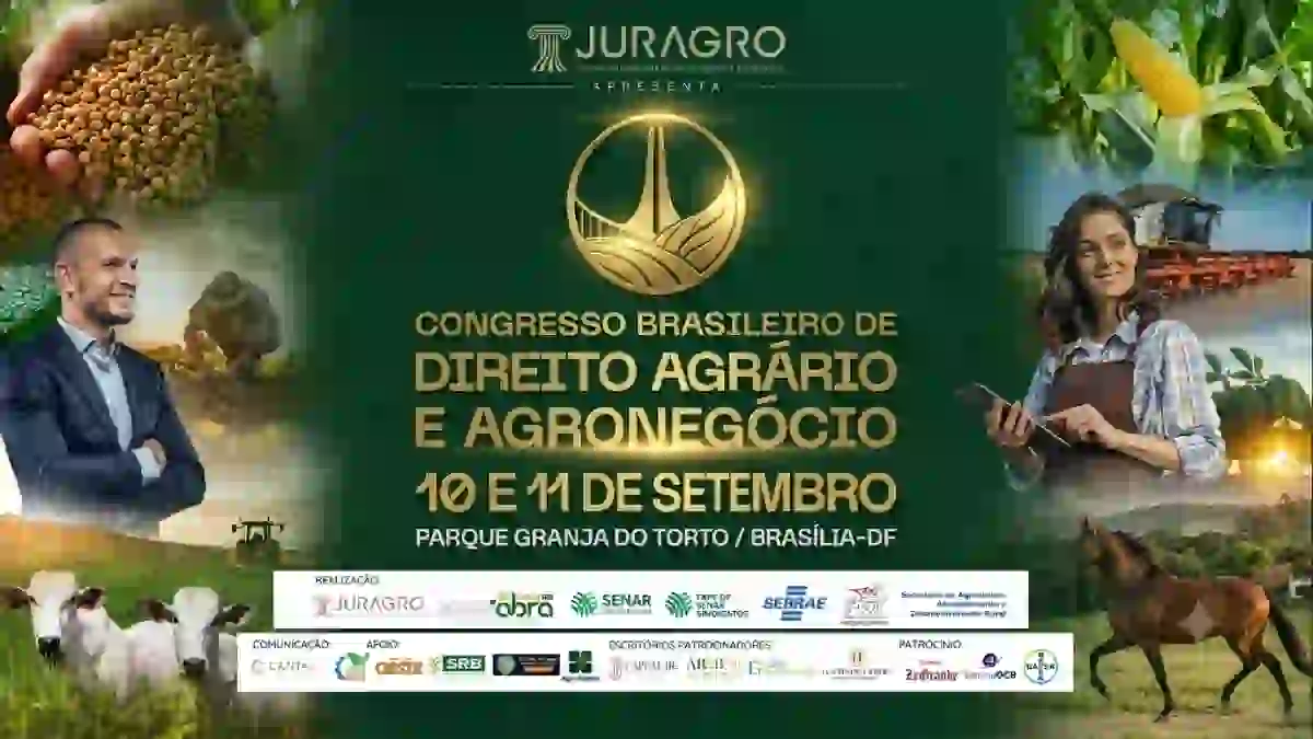 Banner oficial do Congresso Brasileiro de Direito Agrário e Agronegócio. Fundo verde com o logo dourado da JURAGRO, a data 10 e 11 de setembro e o local Parque Granja do Torto em Brasília-DF. Ao redor, colagens de soja, milho, gado, cavalo e profissionais do agro.