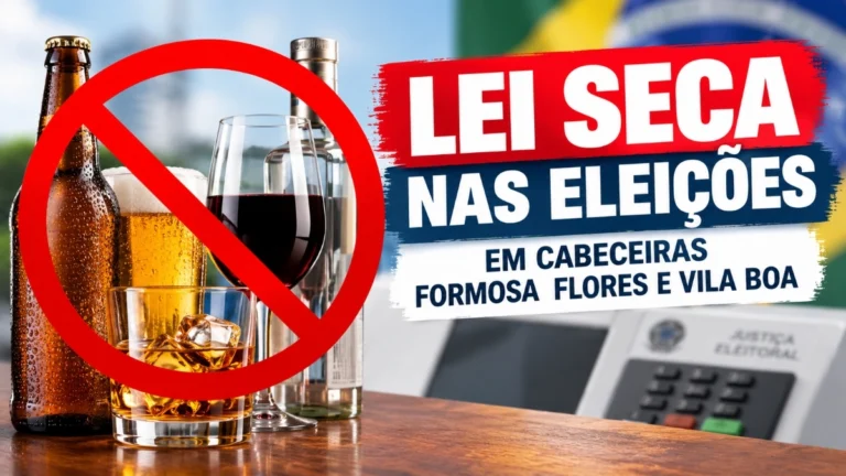 Imagem com bebidas alcoólicas e símbolo de proibição, destacando a Lei Seca nas eleições em Cabeceiras, Formosa, Flores de Goiás e Vila Boa.