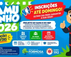 Projeto SAMUZINHO 2026 em Formosa: inscrições até domingo para crianças de 9 a 11 anos, com 20 vagas e atividades de primeiros socorros, prevenção de acidentes e cidadania.