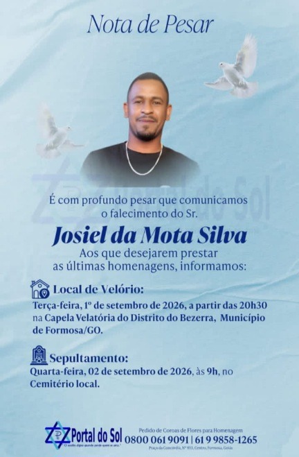 Nota de pesar pelo falecimento de Josiel da Mota Silva, informando detalhes do velório na Capela Velatória do Distrito do Bezerra e sepultamento no cemitério local.