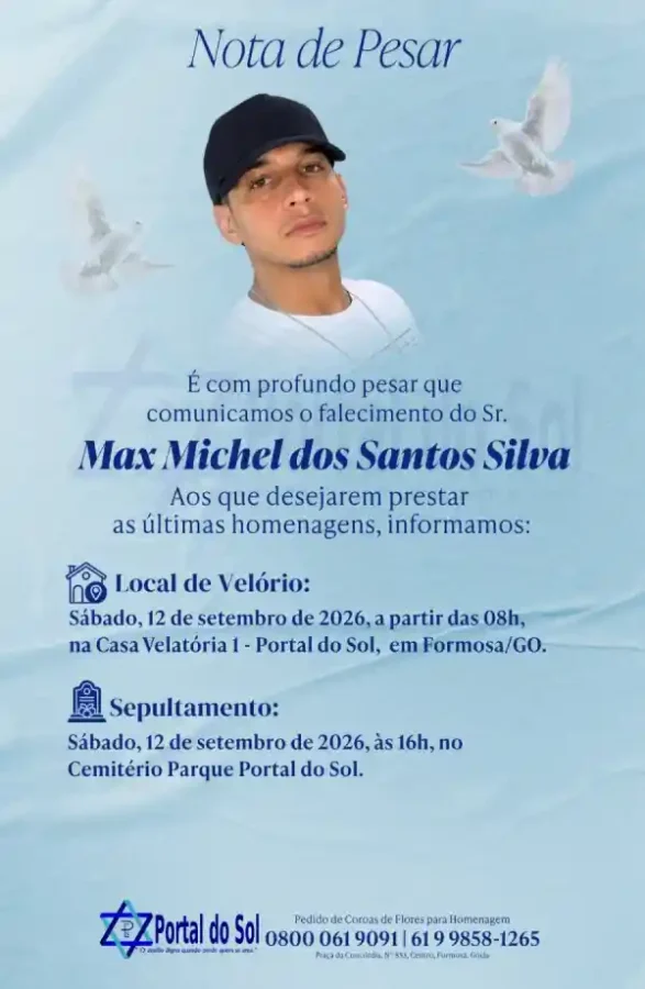 O cartaz traz a nota de pesar e detalhes do velório e sepultamento de Max Michel jovem baleado na Praça da Prefeitura após confusão.