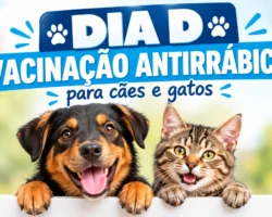 Cachorro e gato em destaque ao lado da mensagem “Dia D – Vacinação Antirrábica para cães e gatos”.