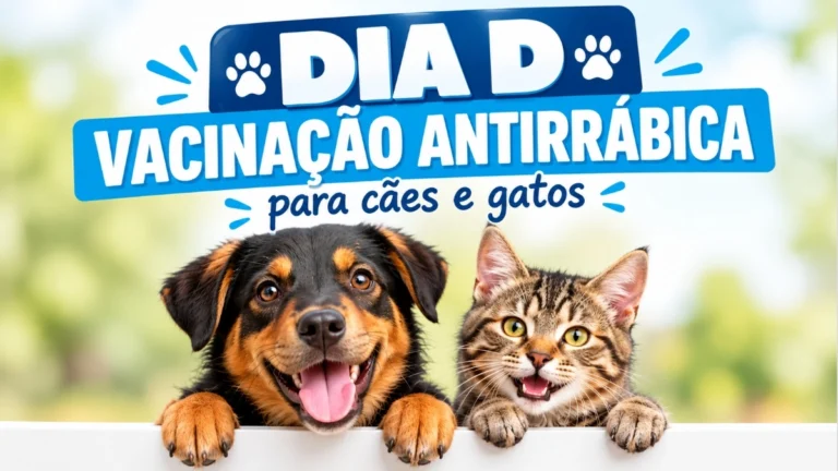 Cachorro e gato em destaque ao lado da mensagem “Dia D – Vacinação Antirrábica para cães e gatos”.