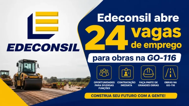 Edeconsil abre 24 vagas de emprego para obras na GO-116, em Goiás, com oportunidades para diversas funções na construção rodoviária.
