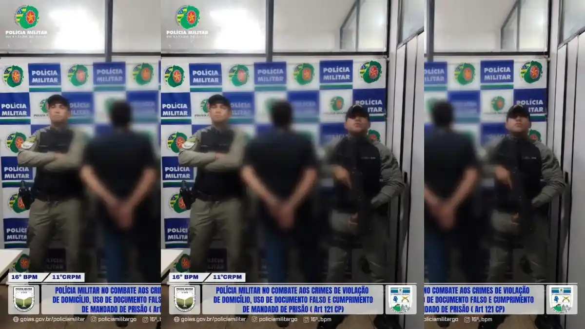 Imagem com policiais e indivíduo acusado de homicídio na Bahia, preso em Vila Boa Goiás.