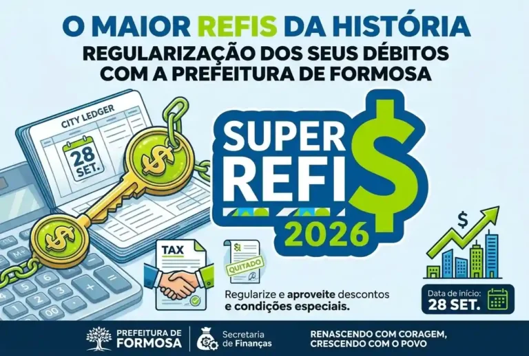 Arte sobre o Super Refis 2026 da Prefeitura de Formosa, programa de regularização de débitos municipais com descontos e opções de parcelamento.