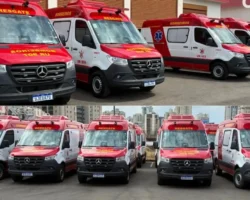 Novas viaturas do tipo Unidade de Resgate Mercedes-Benz do Corpo de Bombeiros Militar do Distrito Federal alinhadas no pátio da corporação.