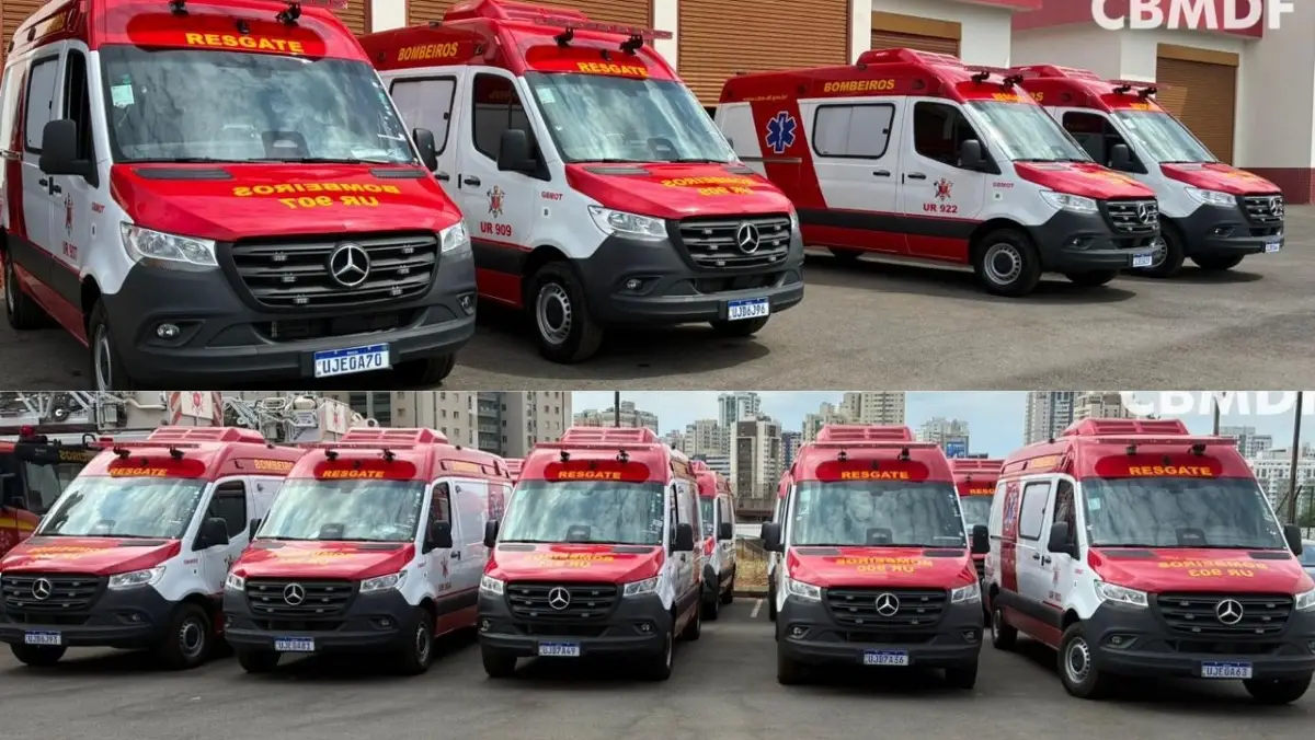 Novas viaturas do tipo Unidade de Resgate Mercedes-Benz do Corpo de Bombeiros Militar do Distrito Federal alinhadas no pátio da corporação.